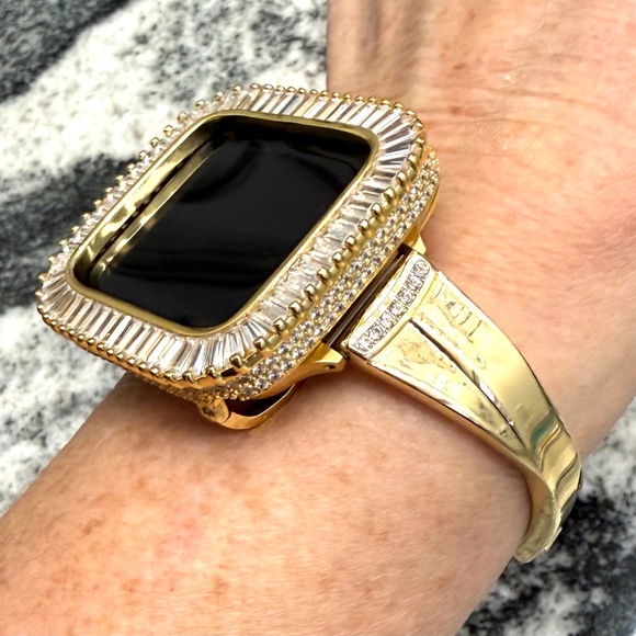 2 pc Apple Watch set yellow gold lab diamond case and crystal band classy bling - Picture 5 of 11